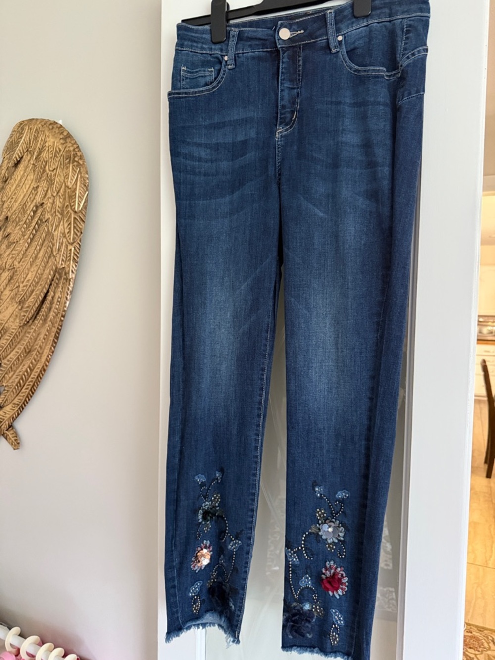 Frank Lyman Design Dark Blue Straight-Leg Jeans with Floral Embellishment